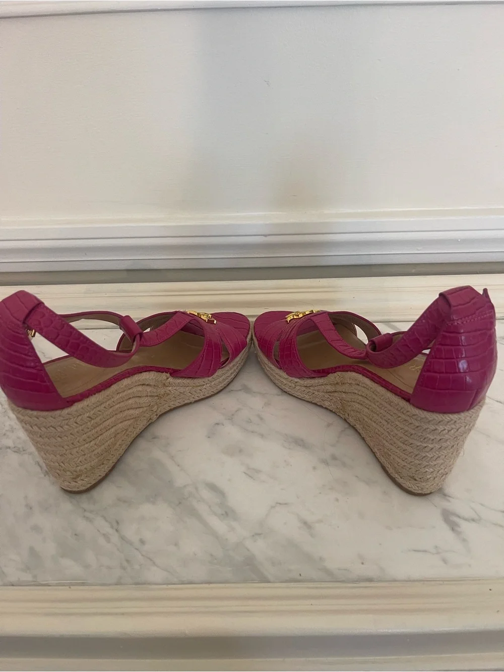 Ralph Lauren Hot Pink Croc-Embossed Espadrille Wedge Sandals with Gold RL Logo